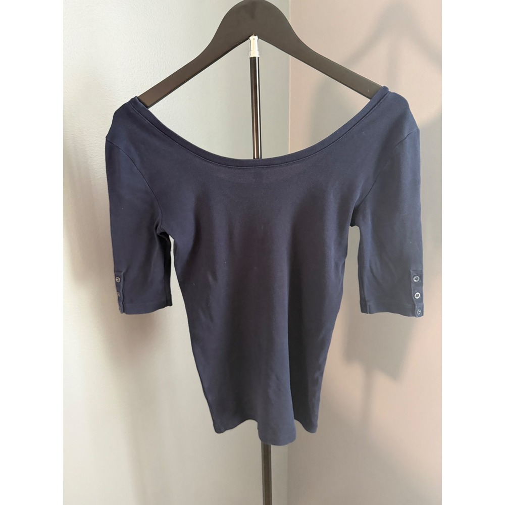 J.Crew Perfect Fit Top Women XS Navy Blue Scoop Neck Button Cuff Preppy Classic - Picture 2 of 9